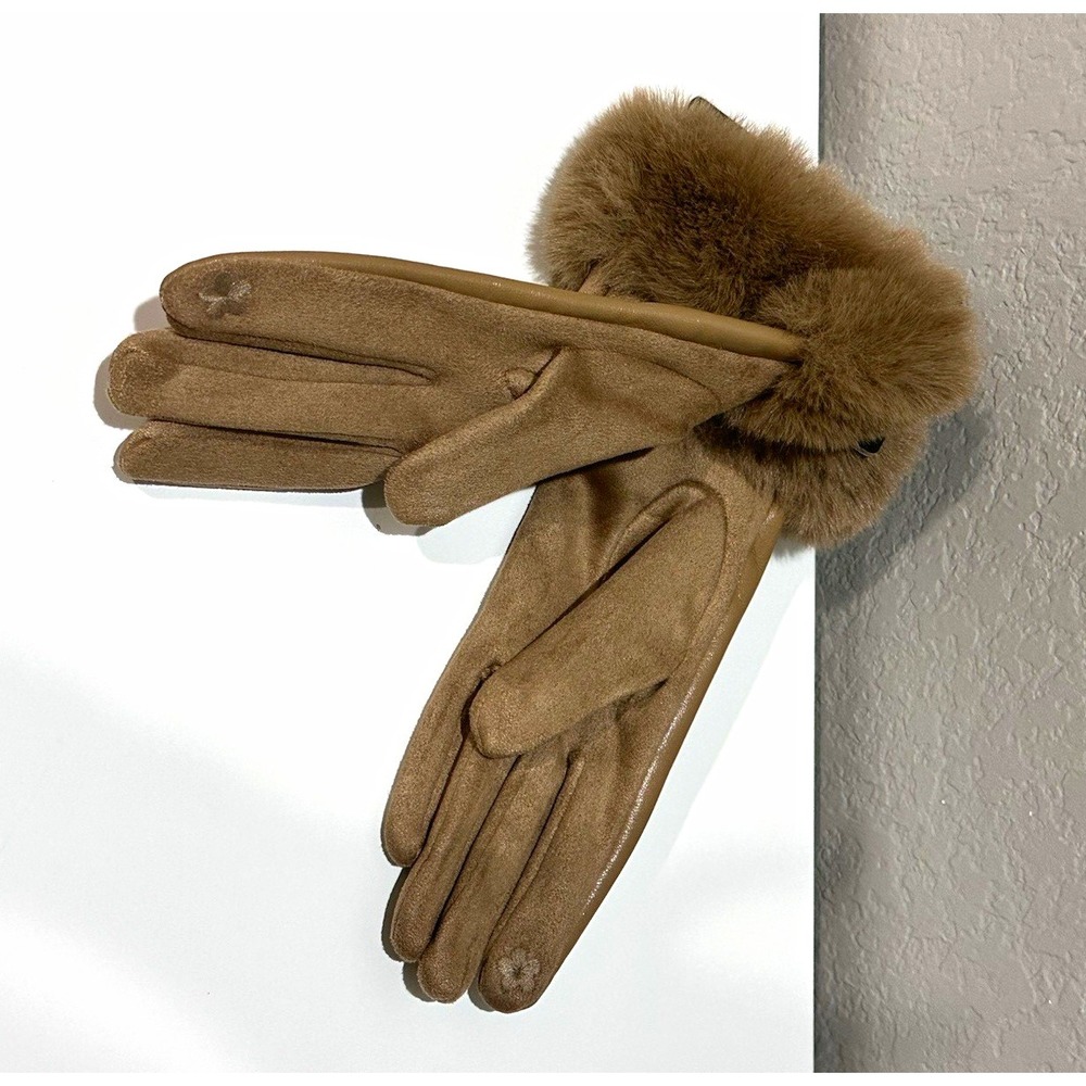 London Fog Collection Tan Faux Suede Faux Fur Cuff Touch Screen Gloves One Size